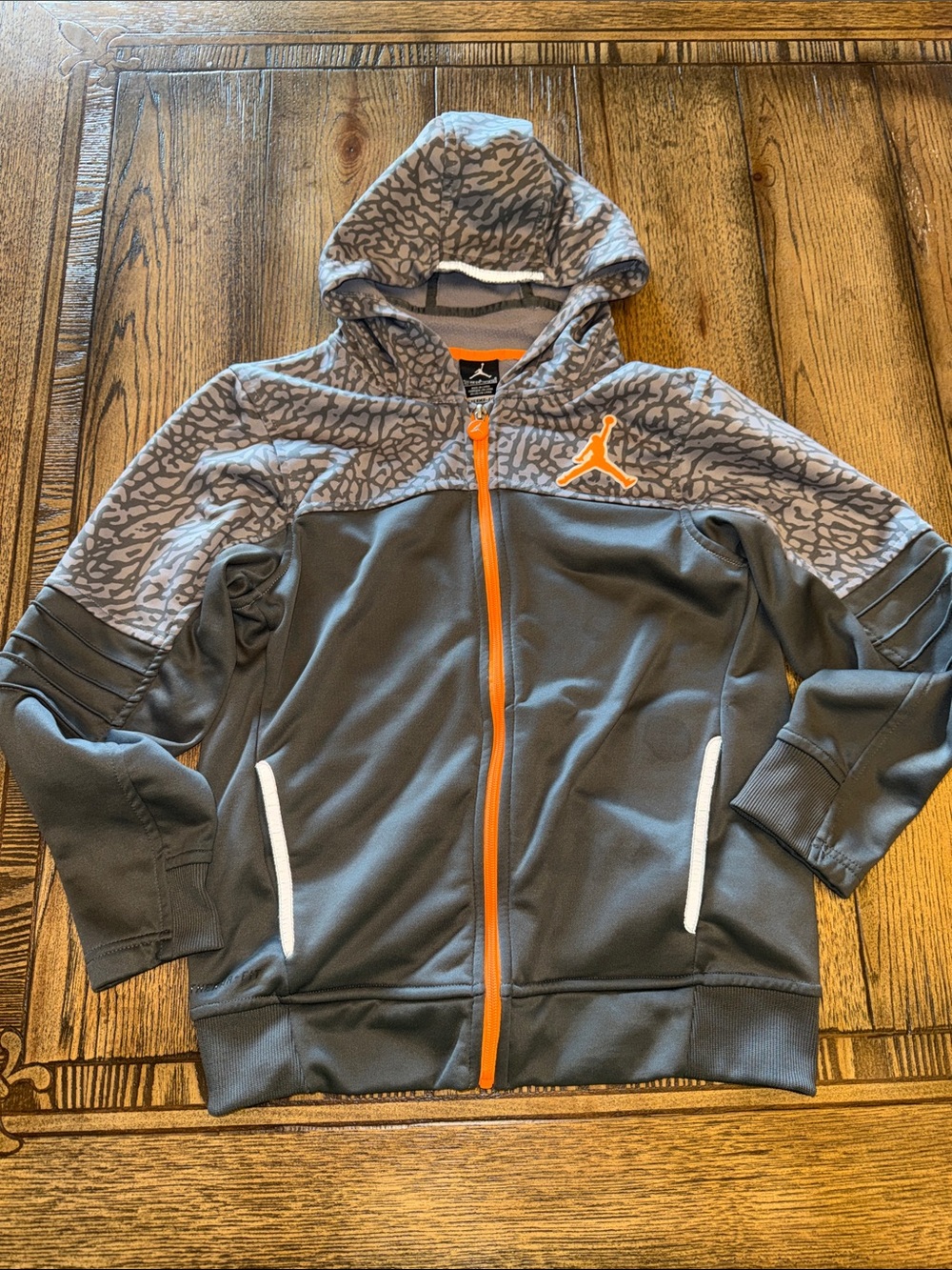 Jordan Jumpman Therma-Fit Elephant Print Gray Hooded Jacket with Orange Trim
